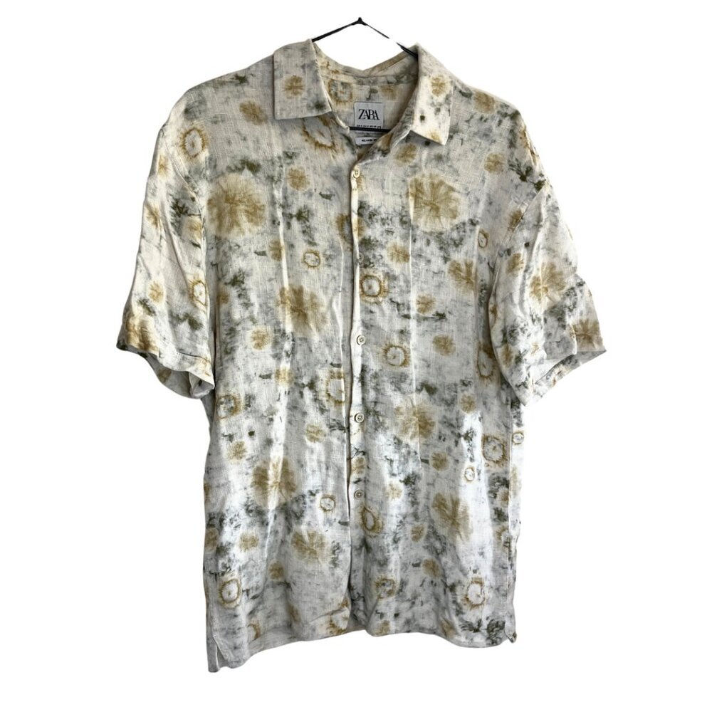 Zara Light Beige Linen Blend Tie Dye Relaxed Fit Short Sleeve Button Up Shirt